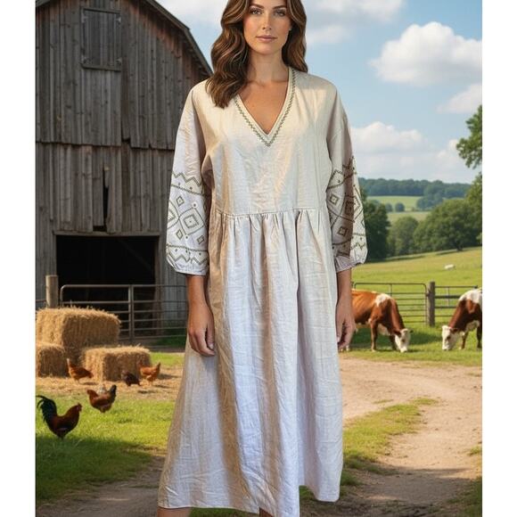 Madewell V-Neck Dress Linen Blend Embroidered Neckline & Peasant Sleeves SZ SM - Picture 1 of 10